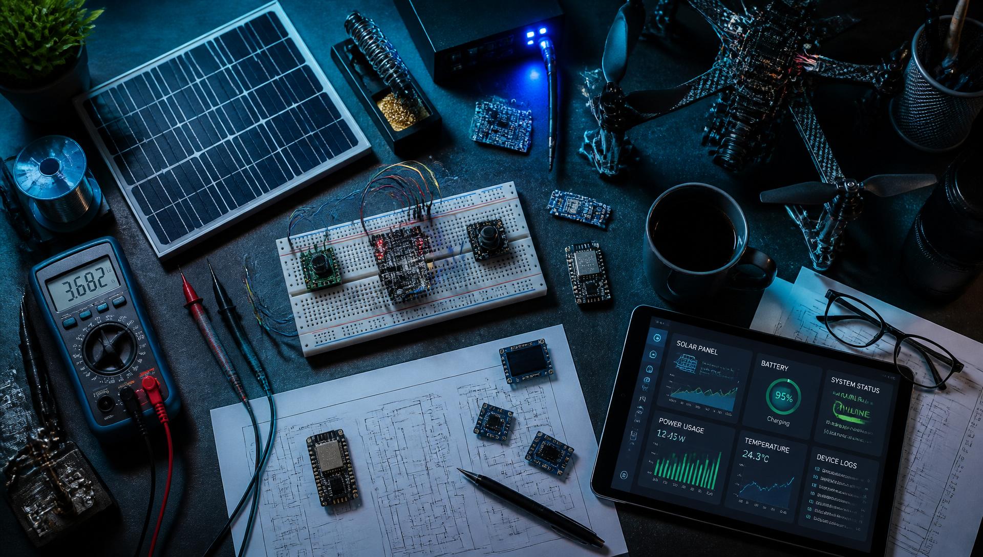Bancada de prototipagem com Smart Box, sensores IoT, painel solar e dashboards